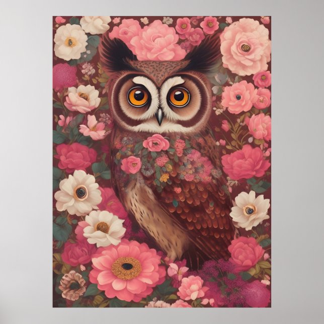 Poster Coruja com olhos grandes em frente a flores #3 (Frente)