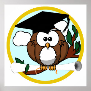 Pôster Coruja De Graduação De Cartoons Com Boné E Diploma