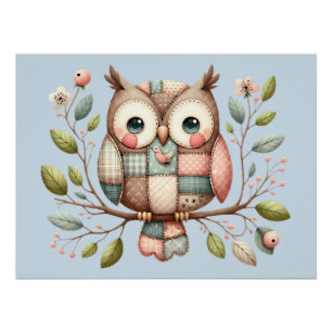 Pôster Coruja de Patchwork em Floresta Caprichosa