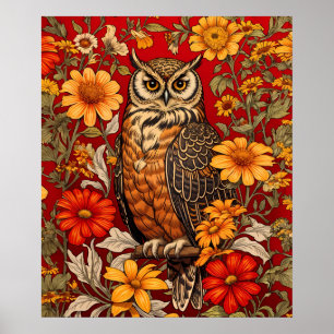 Poster Coruja E Flores De Zinnia