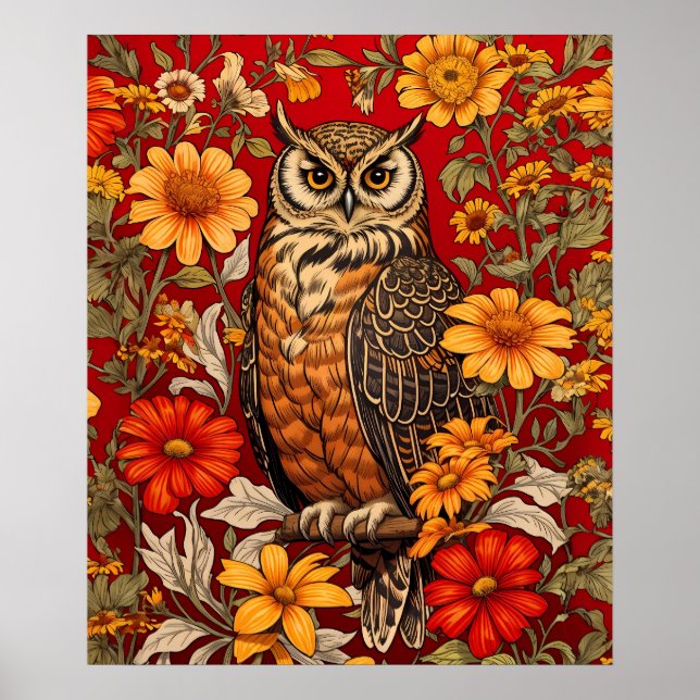 Poster Coruja E Flores De Zinnia (Frente)