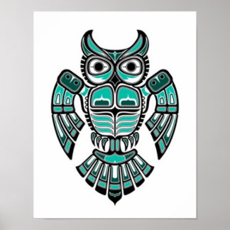 Poster Coruja-Espírito Azul-Teal e Negro-Haida