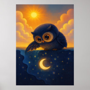 Poster Coruja Fofa com Fantasia do Sol e da Lua do Céu No