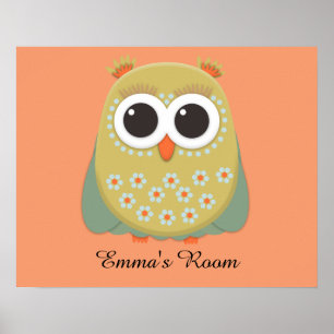 Poster Coruja Laranja Amarela Verde Fofa Personalizada