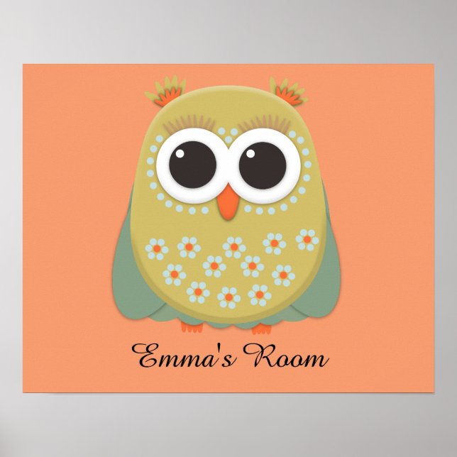 Poster Coruja Laranja Amarela Verde Fofa Personalizada (Frente)