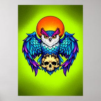 Poster Coruja Mística e Caveira – Arte Digital em Estilo