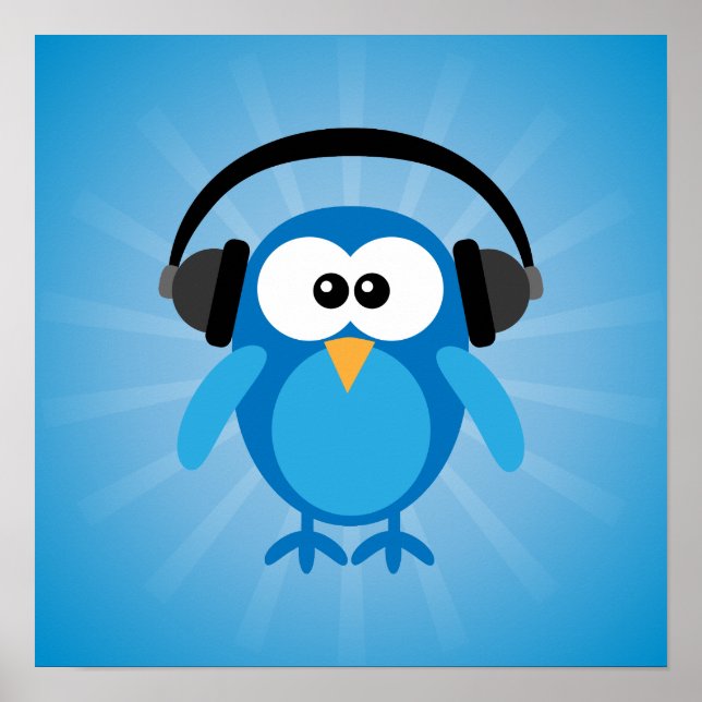 Poster Coruja Retroativa Azul Funky Com Fones de ouvido (Frente)