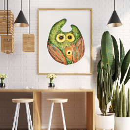 Poster Coruja verde-laranja-branca