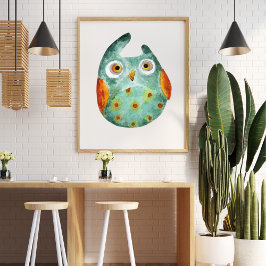 Poster Coruja verde-laranja-branca