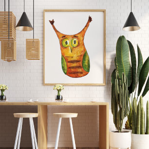 Poster Coruja verde-laranja-branca