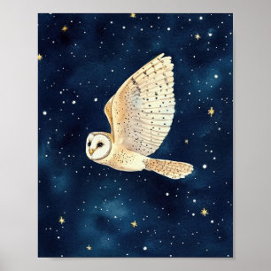 Poster Coruja Voando Através Do Starry Night Watercolor X