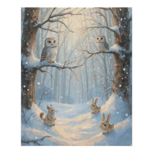 Pôster Corujas, Coelhos e Floresta na Neve Poster