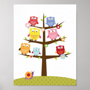 Poster Corujas de berçário em arte de parede de árvore