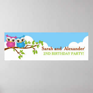 Poster Corujas de Gêmeos Bonitos no Banner de Aniversário