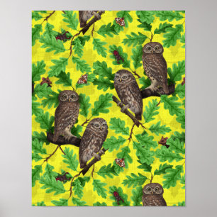 Poster Corujas na Floresta em amarelo limão