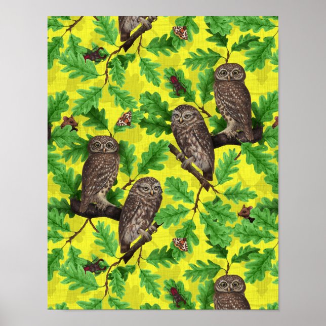 Poster Corujas na Floresta em amarelo limão (Frente)