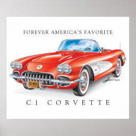 Poster Corvette C1 Ilustração Elegante Vermelho