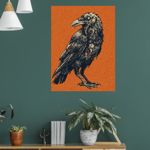Poster Corvo Antigo em Tela Laranja Brilhante