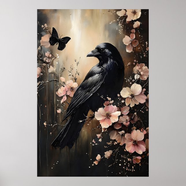 Poster Corvo em floresta de flores sombrias para impressã (Frente)