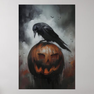 Poster Corvo em Gravura de Arte Gótica de Abóbora de Hall
