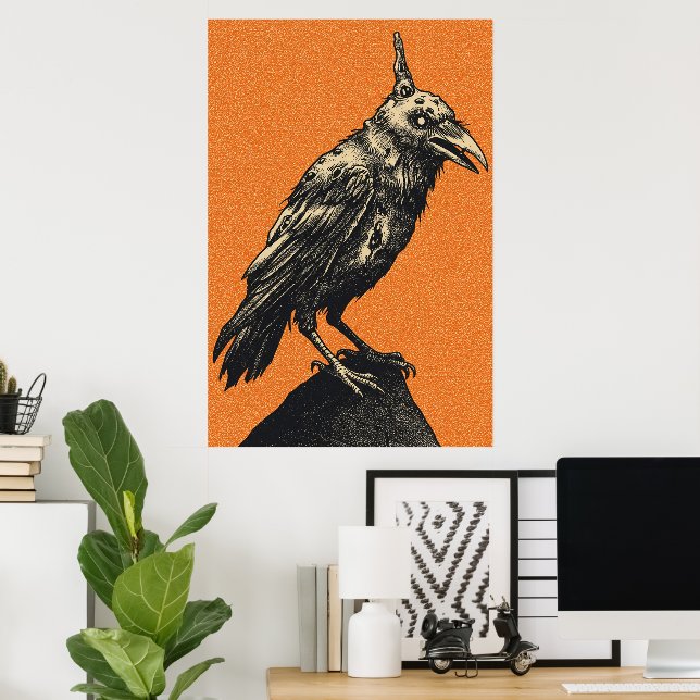 Poster Corvo Escuro Empoleirado em Rocha Irregular (Escritório em casa)