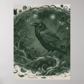 Poster Corvo Místico Gótico e Floresta Encantada
