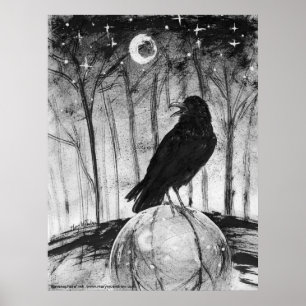 Pôster Corvo (pássaro preto) nas madeiras com lua e