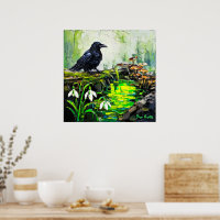 Corvo Preto e Pintura a Óleo do Rio da Floresta Br