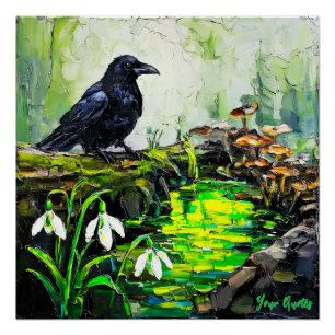 Pôster Corvo Preto e Pintura a Óleo do Rio da Floresta Br