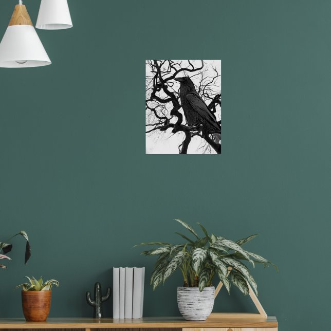 Poster Corvo Preto em Foto Preto e Branco de Árvore (Sala de Estar 1)