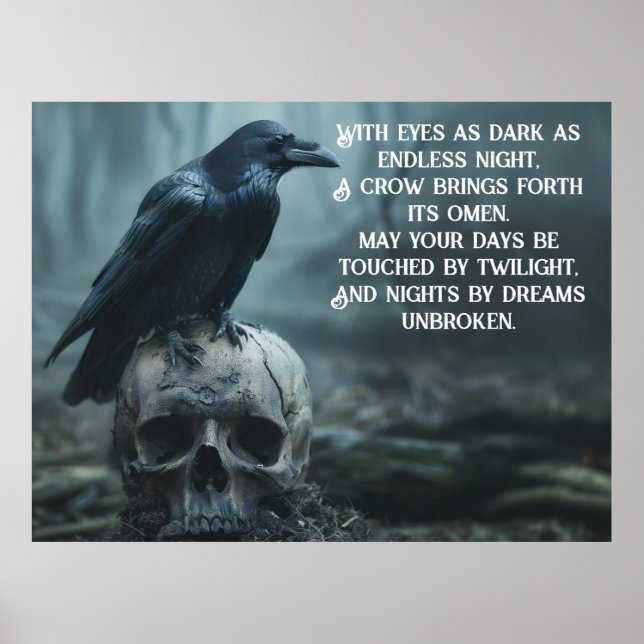 Poster Corvo sentado num crânio com uma mensagem gótica (Frente)