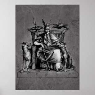 Poster Corvos de Odin em seu trono de pedra mitologia vik