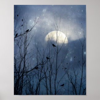 Poster Corvos em um céu enluarado azul melancólico