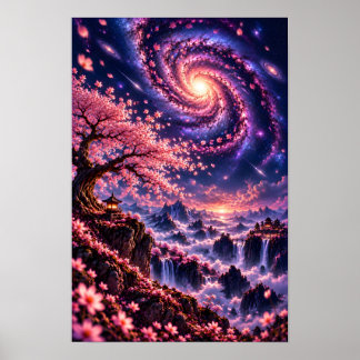 Poster Cosmic Sakura: Estrelas Cadentes Arte Noturna Cele
