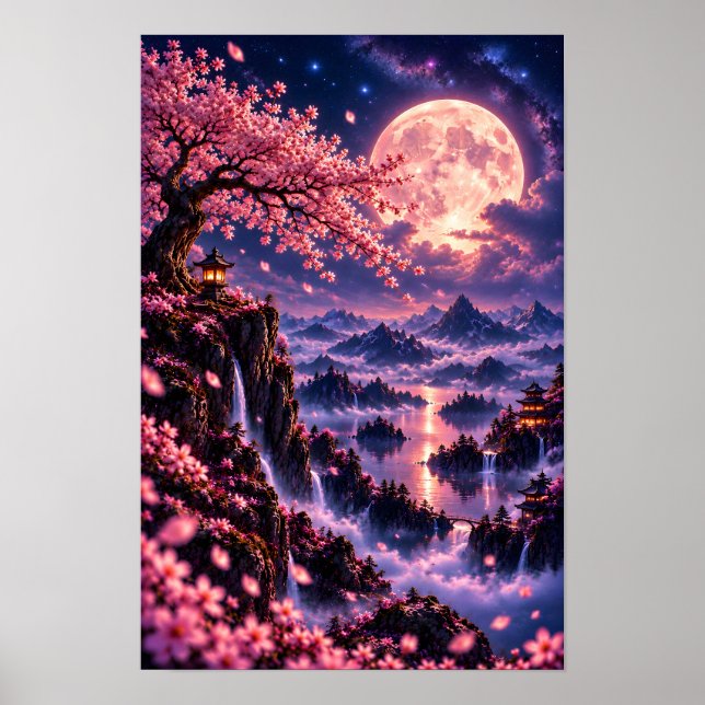 Poster Cosmic Sakura: Flores de Lua Fantasia Arte Espacia (Frente)