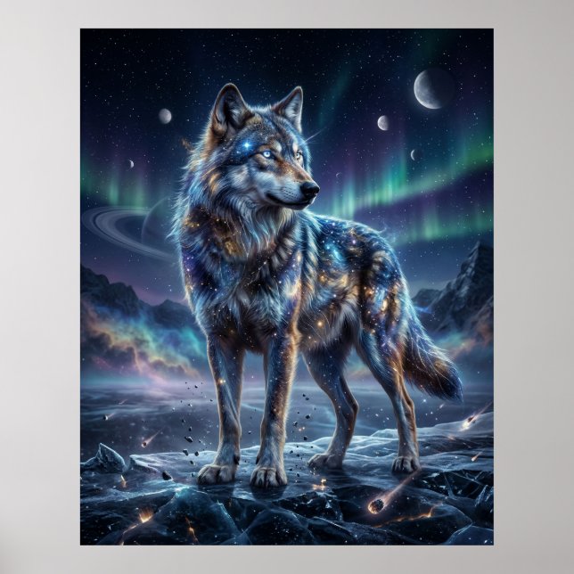 Poster Cosmic Wolf Under Aurora Sky (Frente)