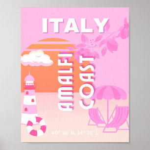 Poster Costa Amalfi, Viagem Art, Pré-ppy Viagem, rosa