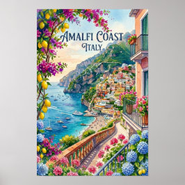 Poster Costa Amalfitana Itália Aquarela Viagem Tropical