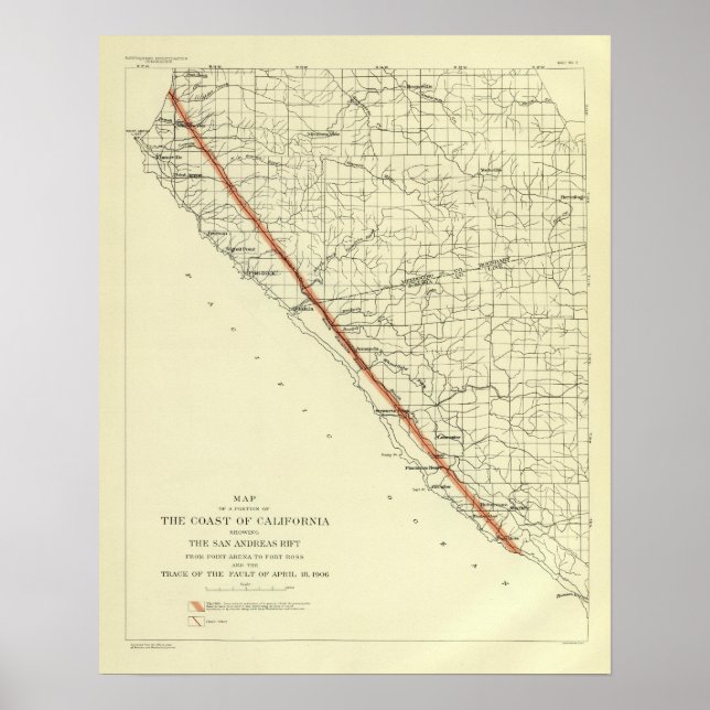 Poster Costa da Califórnia mostrando San Andreas Rift (Frente)