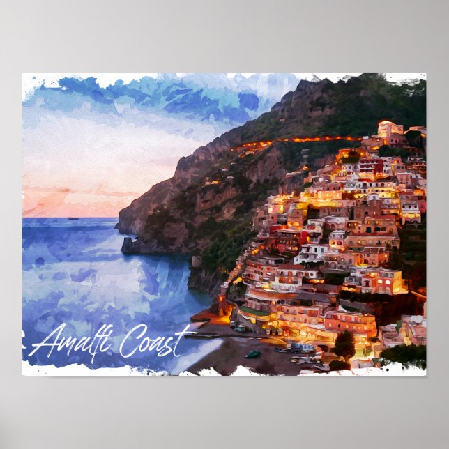 Poster Costa do Amalfi Itália Watercolor Coastline Posita (Frente)