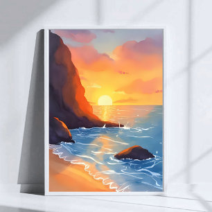 Poster Costa do Pôr do Sol Ondas do Oceano da Praia