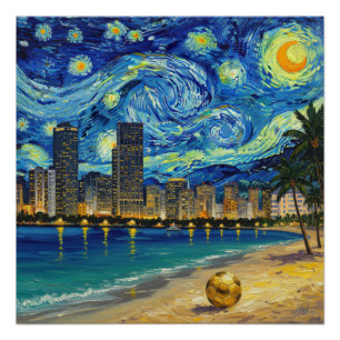Pôster Costa Dourada de Miami Futebol Elegante e Arte Fin