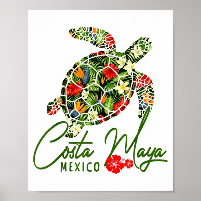 Poster Costa Maya Mexico Sea Turtle Tropical Hibiscus Vac (Frente)