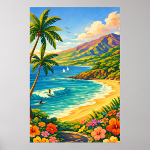 Poster Costa Tropical de Maui Havaí Arte de Viagem Retro