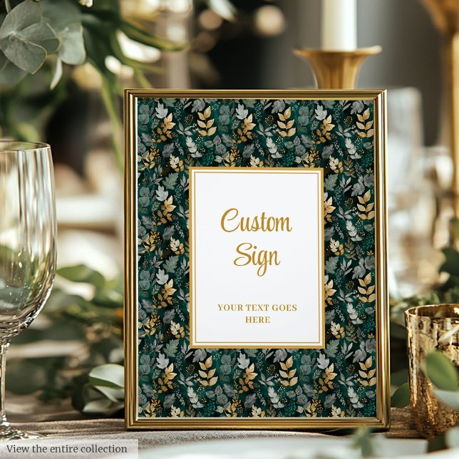 Poster Costume de Casamento Verde Dourado do Caçador de N (Bold Hunter Green Gold Greenery Wedding Custom Sign)