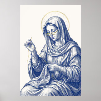 Poster Costurando Madona com Halo Dourado e Óculos