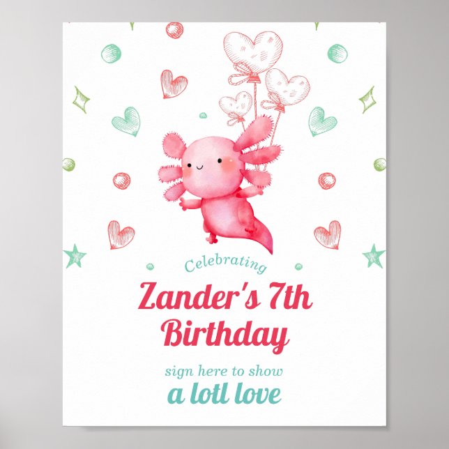 Poster Cóta Aquarela Bebê Axolotl Aniversário Assinatura (Frente)
