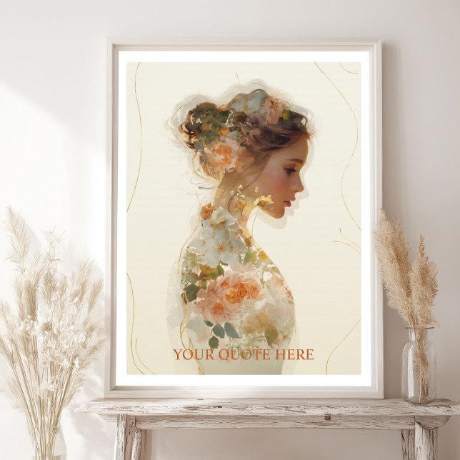 Poster Cota Personalizada Romântica De Mulher Floral Silh (Romantic Floral Woman Silhouette Custom Quote Poster with your Favorite Quote)