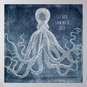 Poster Cotação Vintage Octopus Twilight Blue Watercolor
