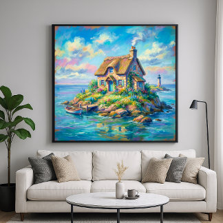 Poster Cottage Island - Pastel Illustration Style Art